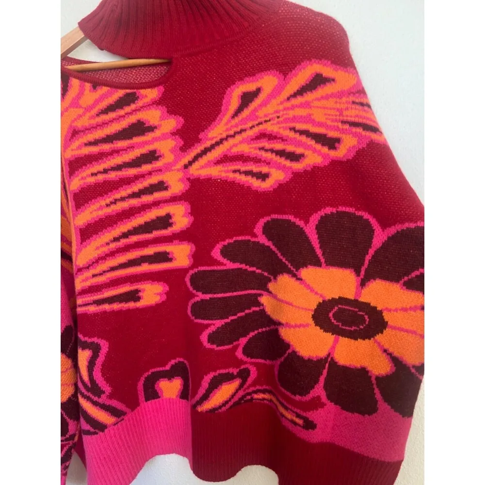 FARM RIO Cutout Asymmetrical Knit Bold Pink Floral Turtleneck Wool Blend Sweater - Image 8