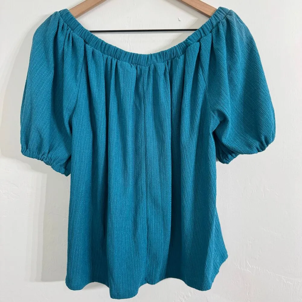 Anthropologie Elodie Off Shoulder Puff Sleeve Top Turquoise Blue Size Small - Image 7