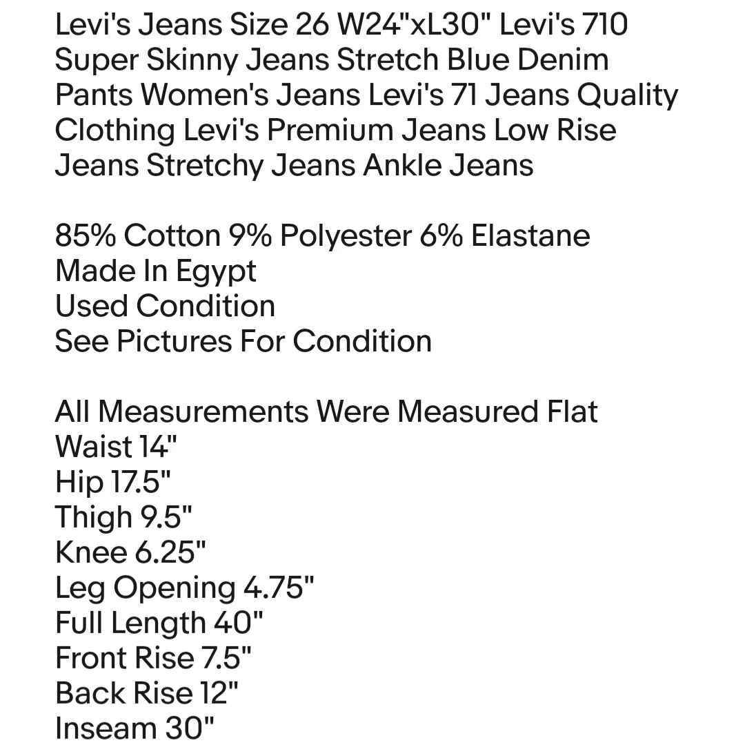 Levi's Jeans Size 26 W24"xL30" Levi's 710 Super Skinny Jeans Stretch Blue Denim Pants - Image 2