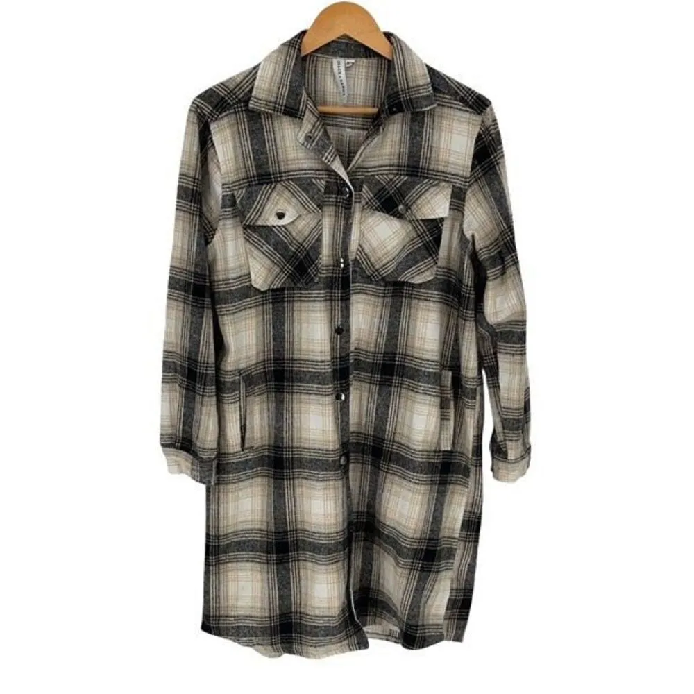 Grace + Karma Womens Plaid Flannel‎ Button Down Shacket Jacket Multicolor Medium Tan - Image 2