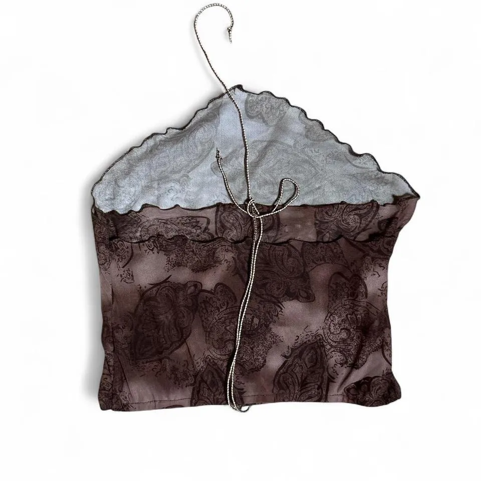 Y2K ROMWE Brown Paisley Halter Neck Scarf Top XS Sheer Mesh Cropped - Image 2