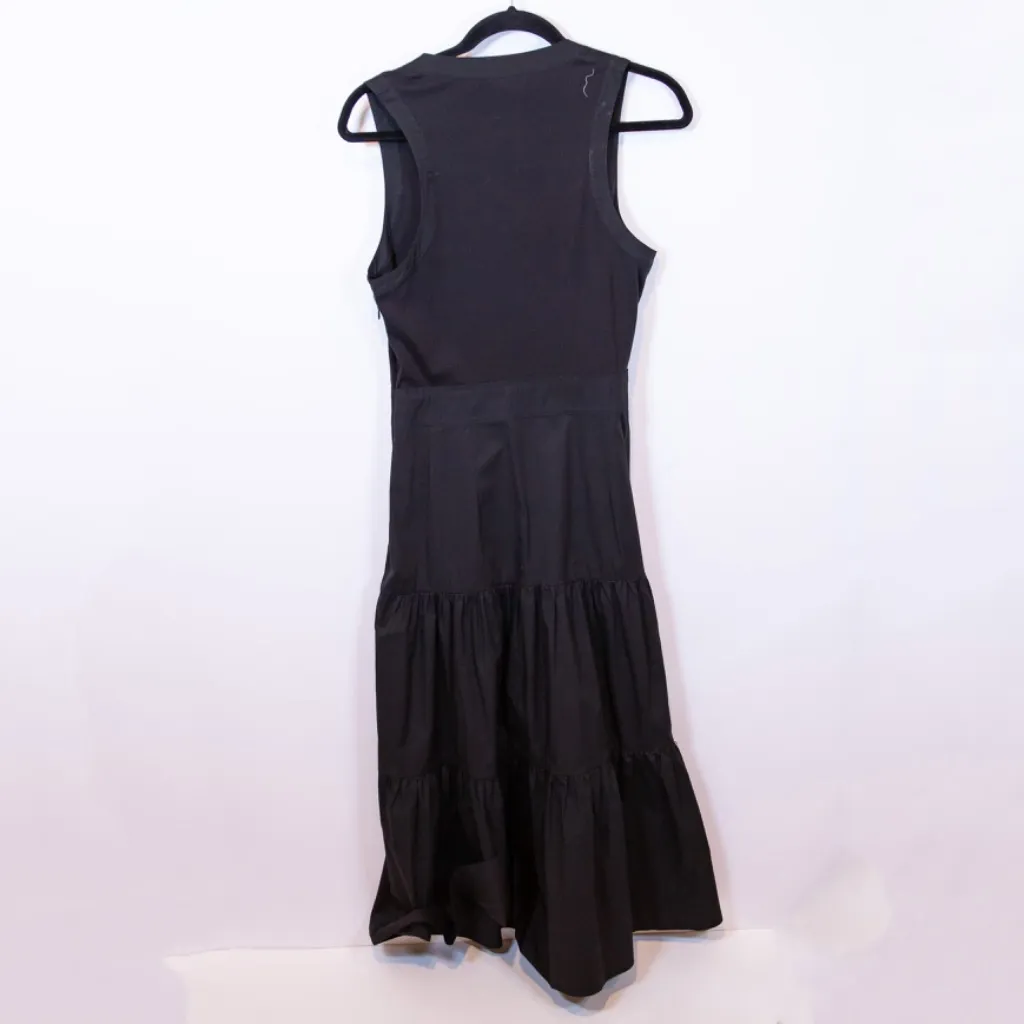 Veronica Beard Stafford Cotton Poplin V Neck Sleeveless Tiered Midi Dress Black - Image 4