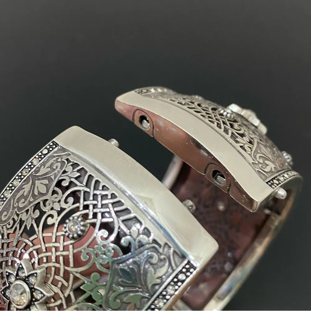 BRIGHTON "Sahuri" Crystal Ornate Flowers Silver Hinge Wide Cuff Bangle Bracelet - Image 6