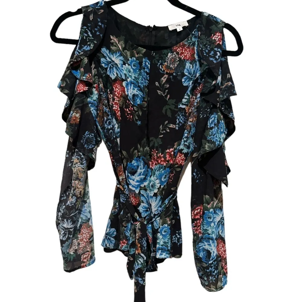 LPA FLORAL ROMANTIC WHIMSY GOTH BLACK BLUE COLD SHOULDER RUFFLED LONG SLEEVE TOP - Image 5