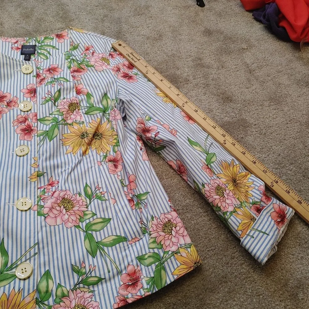 Rafaella Size Medium M Blue Stripe Seersucker Floral Flower Print Blazer Button - Image 9