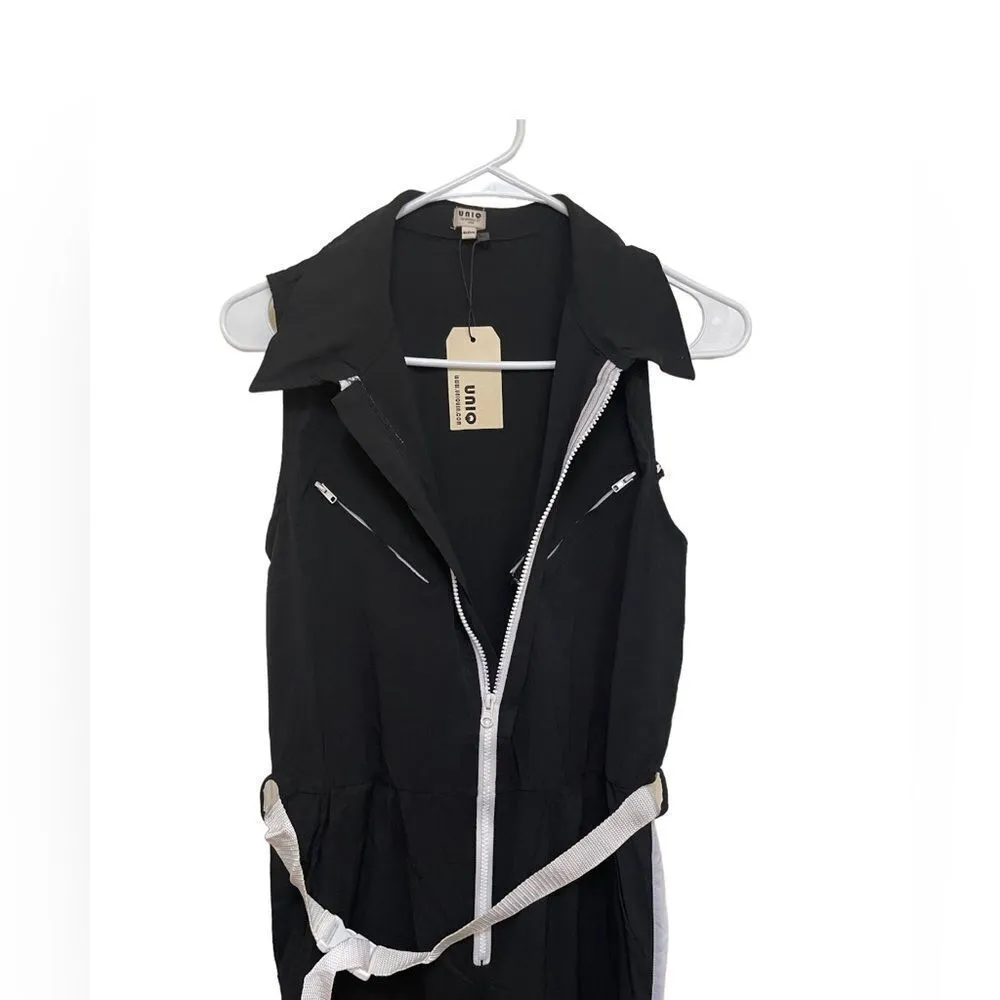 Uniq New Women's Black & White Collared 90s Style Jumpsuit With Pockets & Belt Size M - Image 8