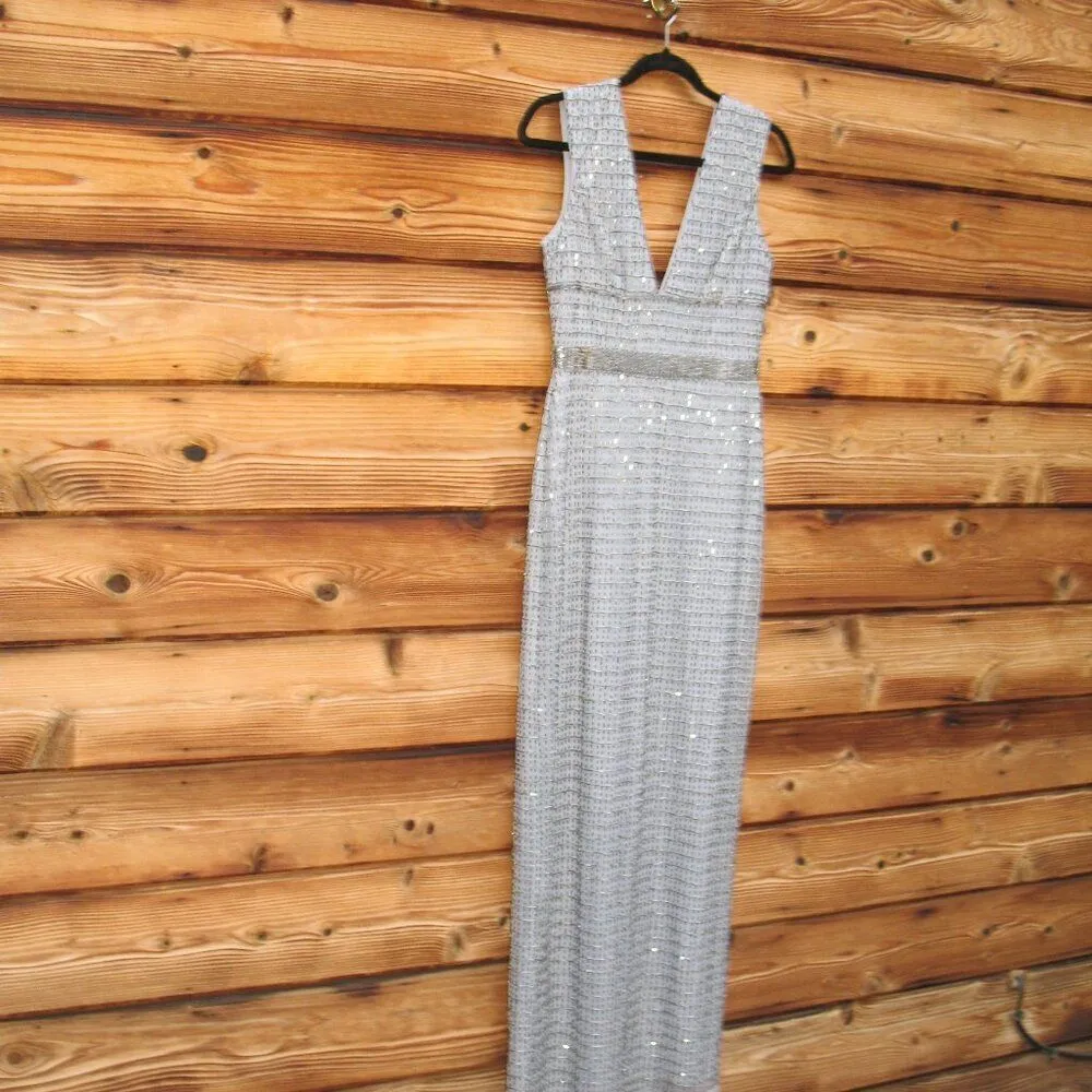 Mac Duggal 5625 Beaded Cap Sleeve V Neck Column Gown Dress Silver Size 4 - Image 7