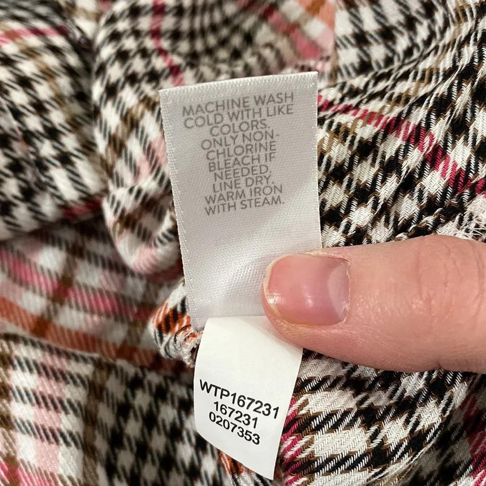 J Jill Glen plaid ruffled button front rayon blouse size S Tan - Image 14