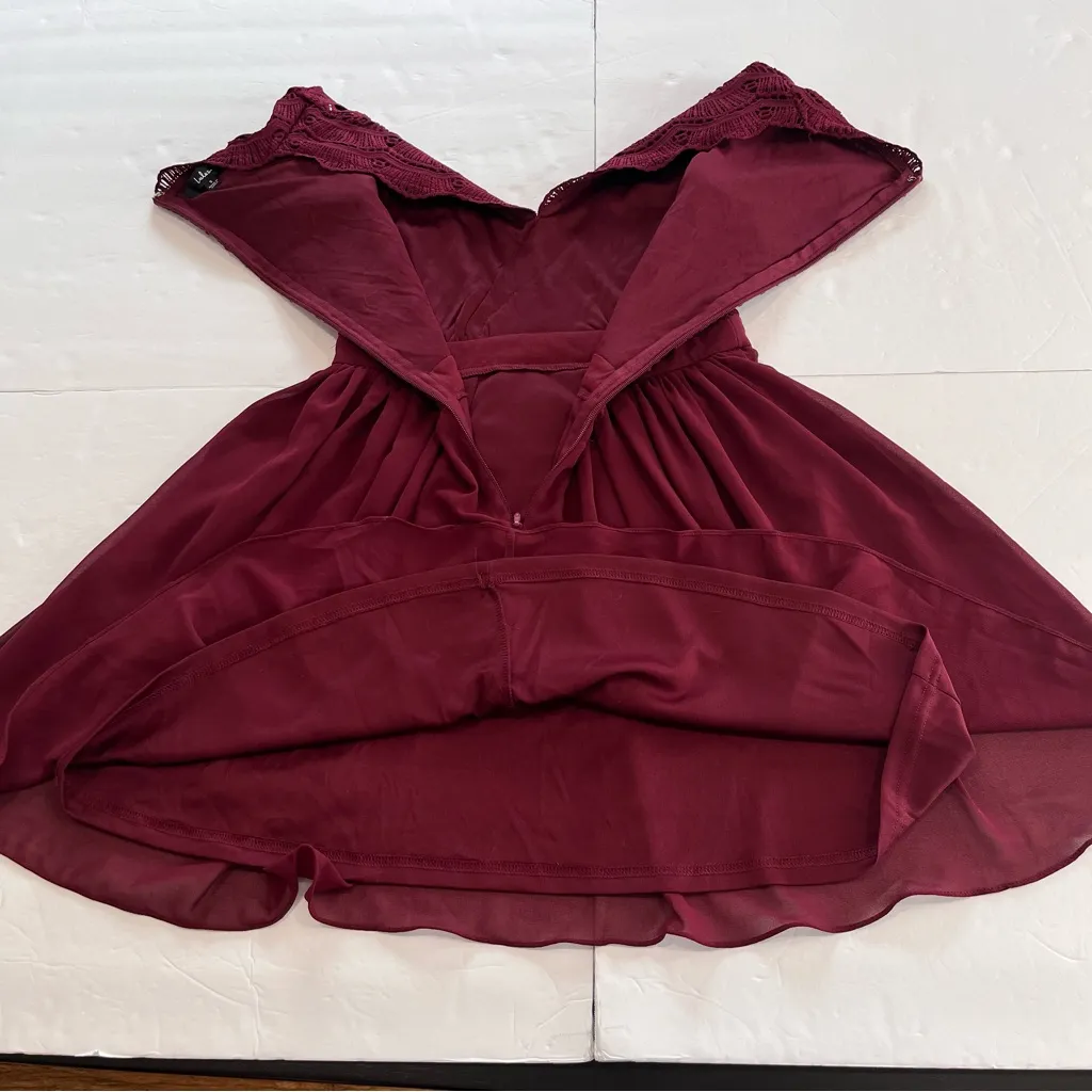 Lulus Angel in‎ Disguise Burgundy Lace Chiffon Flare Skater Dress SMALL - Image 7