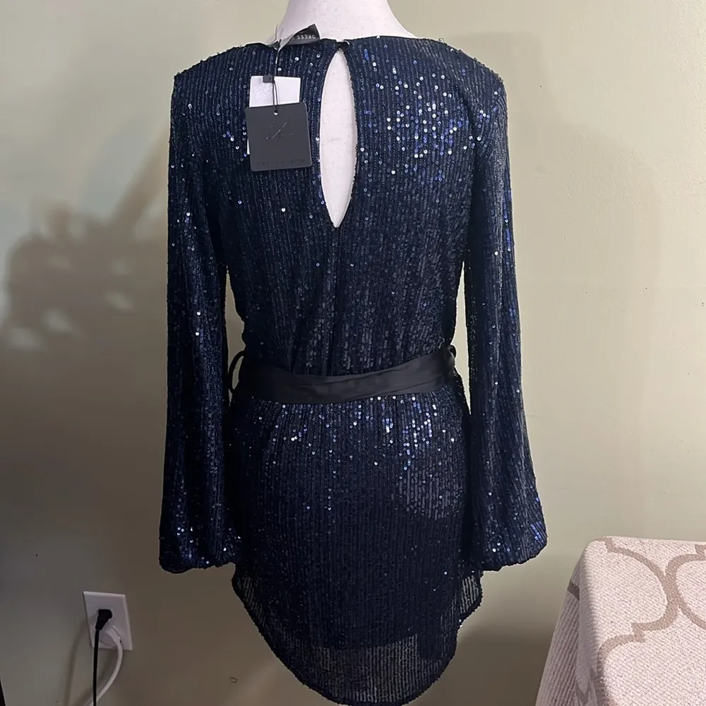 Dress Forum Navy Sequin Balloon Sleeve Contrasting satin Belt,keyhole Back Dress - Image 14