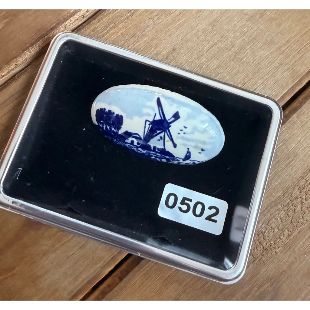 Vintage Blue Ceramic Pin With Windmill Scene Oval Shaped Brooch In Case - Image 6
