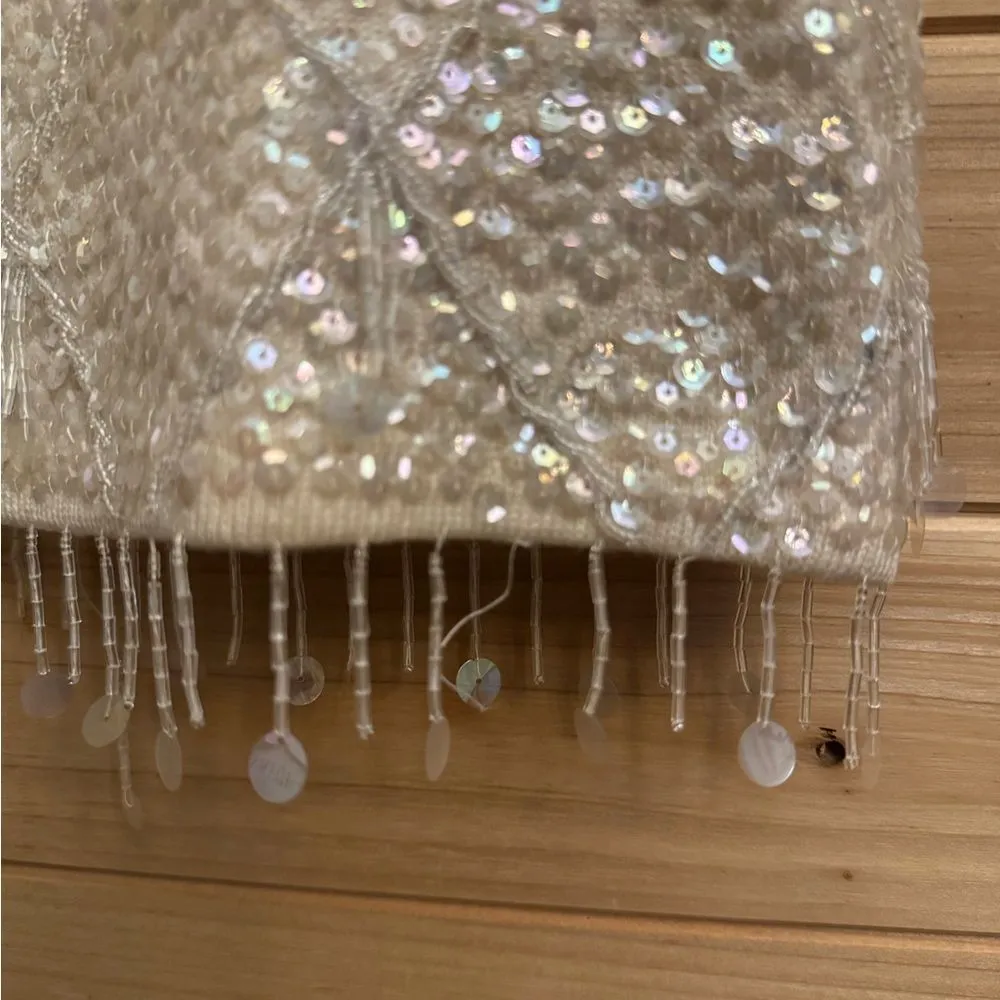 Vintage Fully Beaded Sequin Size Medium Lined Wool Cropped Tank Top Silver - Image 2