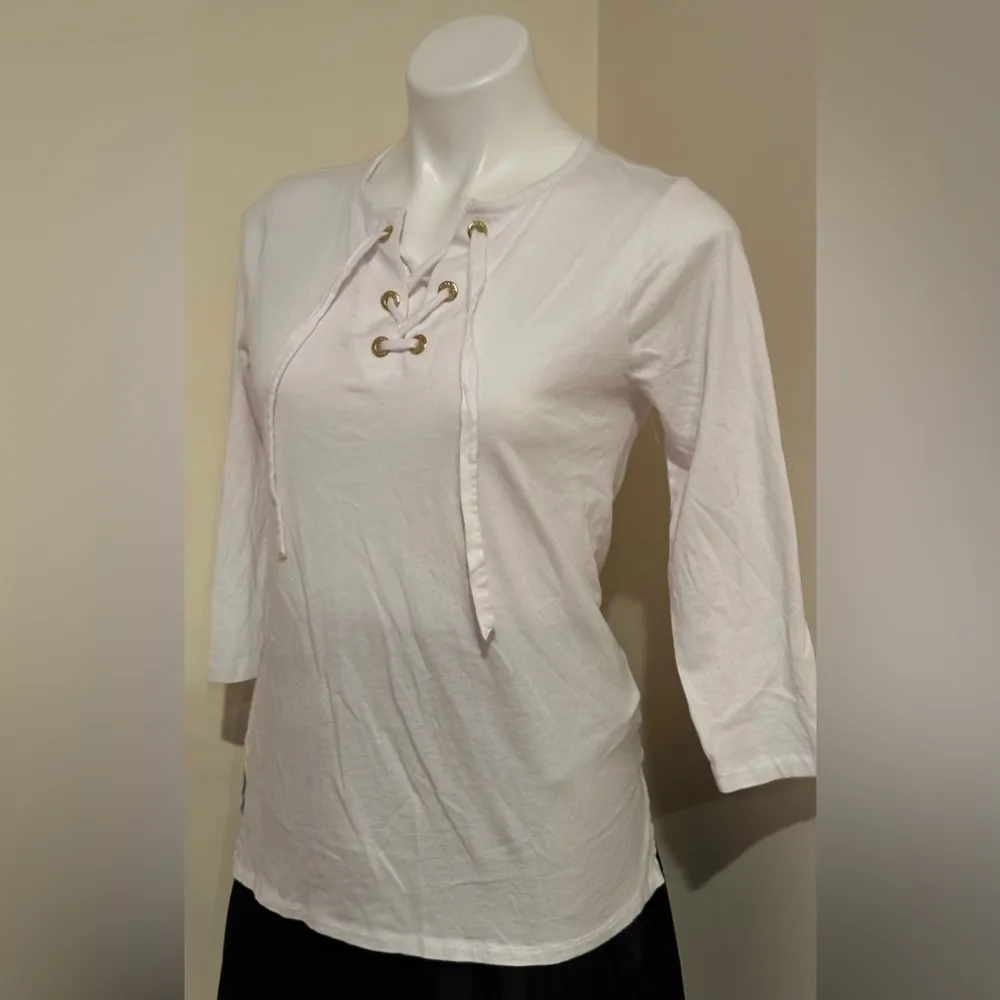 Michael Kors White Waffle Knit Lace Up Top / Tie In Front 3/4 Sleeves Sz S. - Image 2
