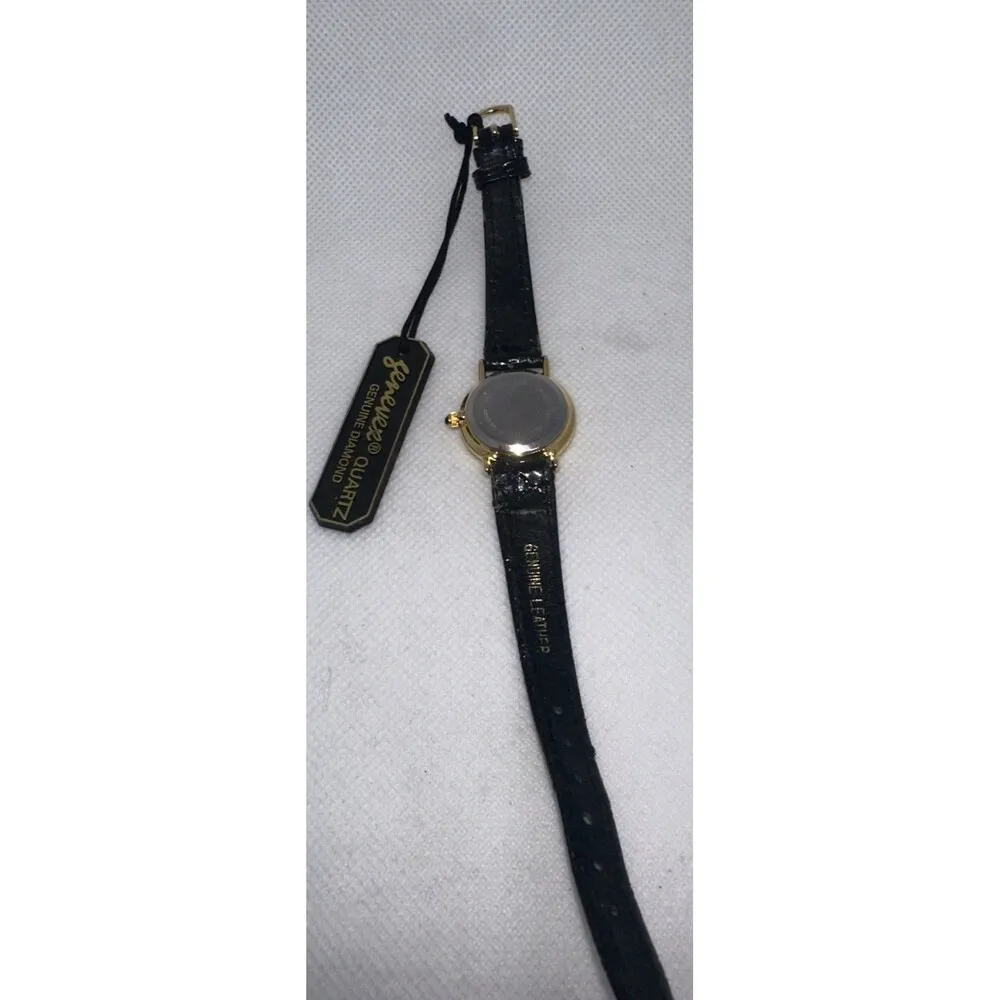 Genevex Ladies 26MM Watch Gold Black Diamond Dial Black Leather Band - Image 5