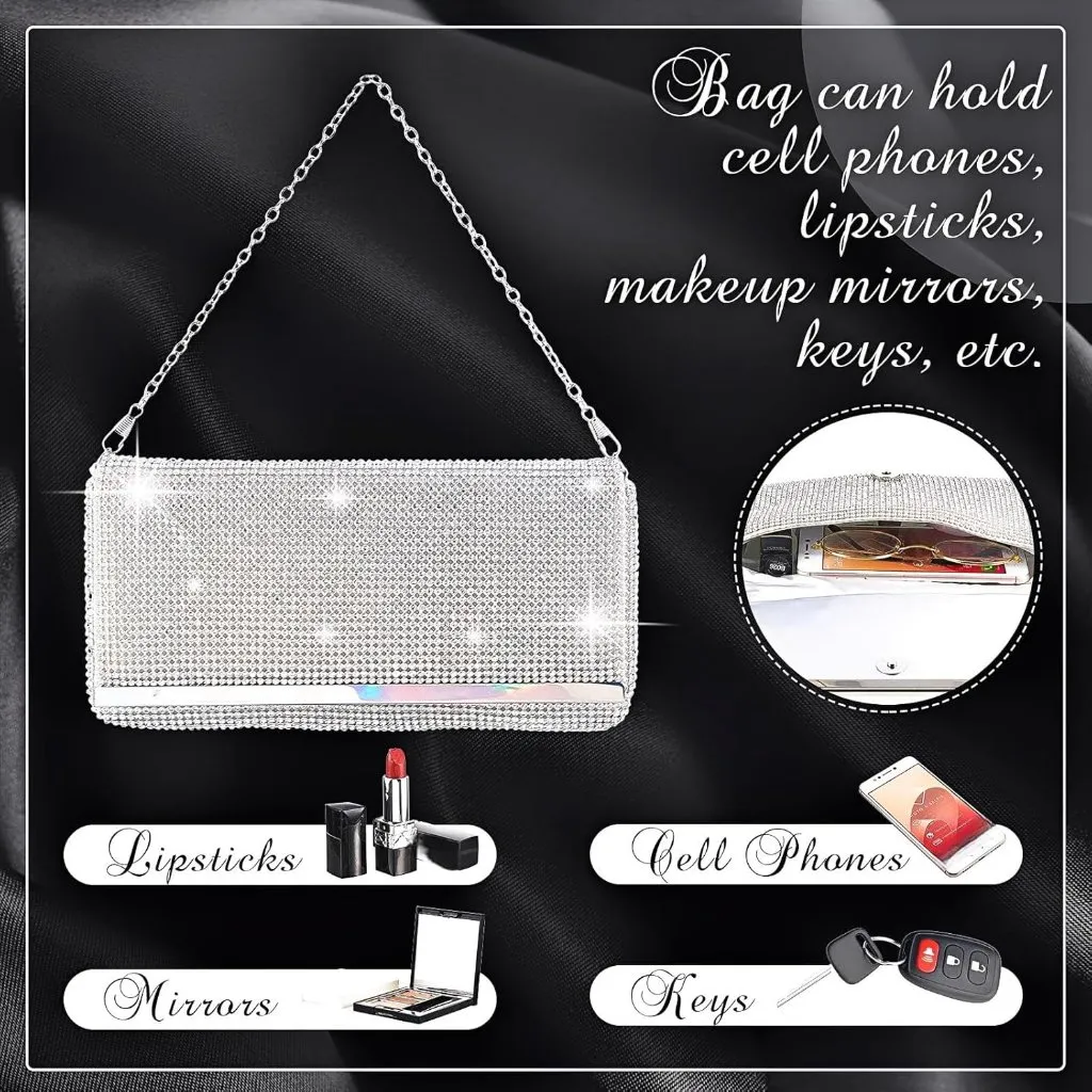 ⚡ Women's Glitter Pearls Evening Rhinestone Detachable Chain Clutch Bag Silver - Image 4