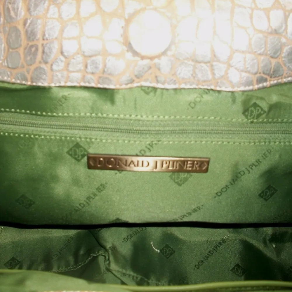 Donald Pliner Gator Metallic Leather Silk Linen Purse Handbag New $425 NWT Silver - Image 6