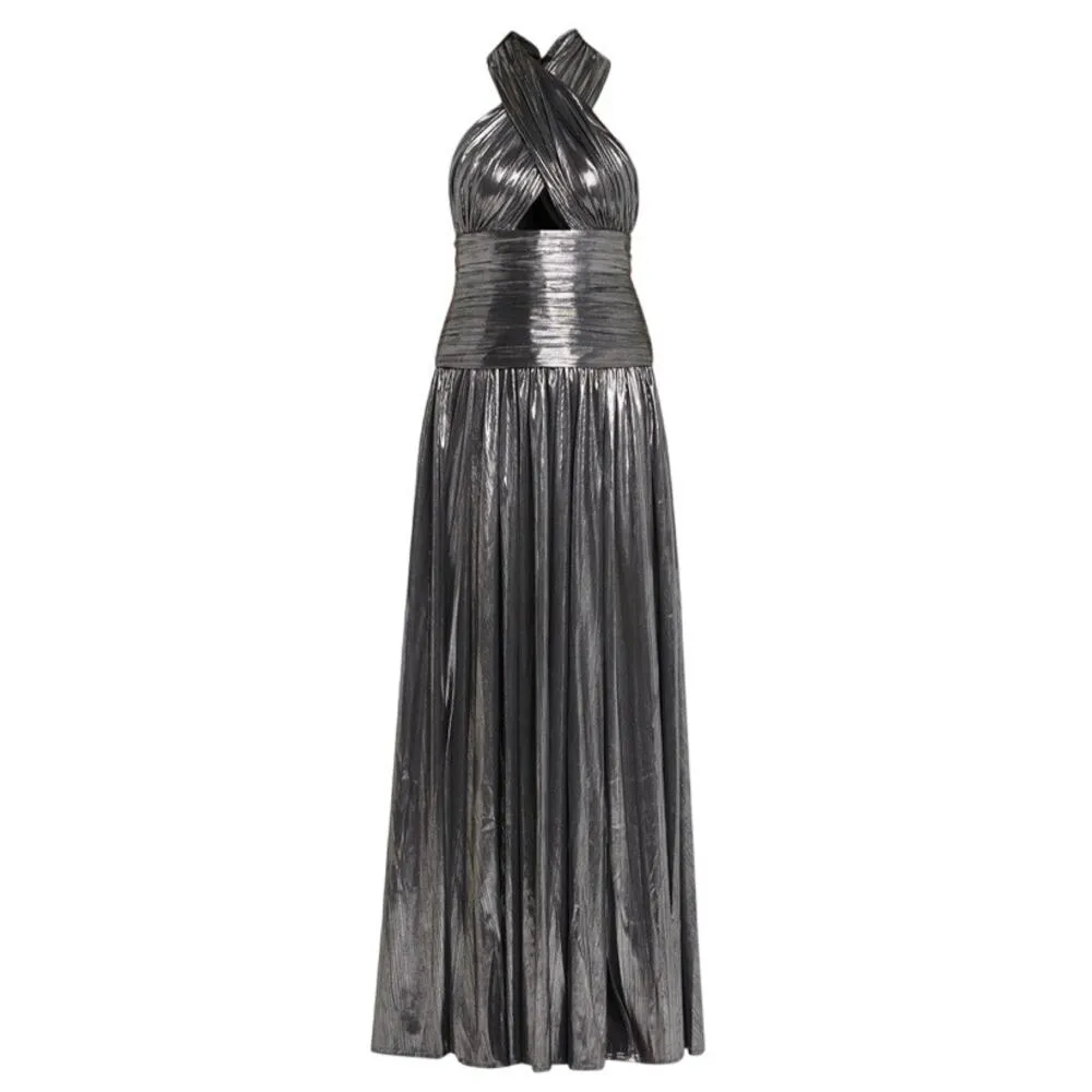 BRONX AND BANCO Metallic Dress Florence Halterneck Gown Cutout Gunmetal Gray 10 - Image 2
