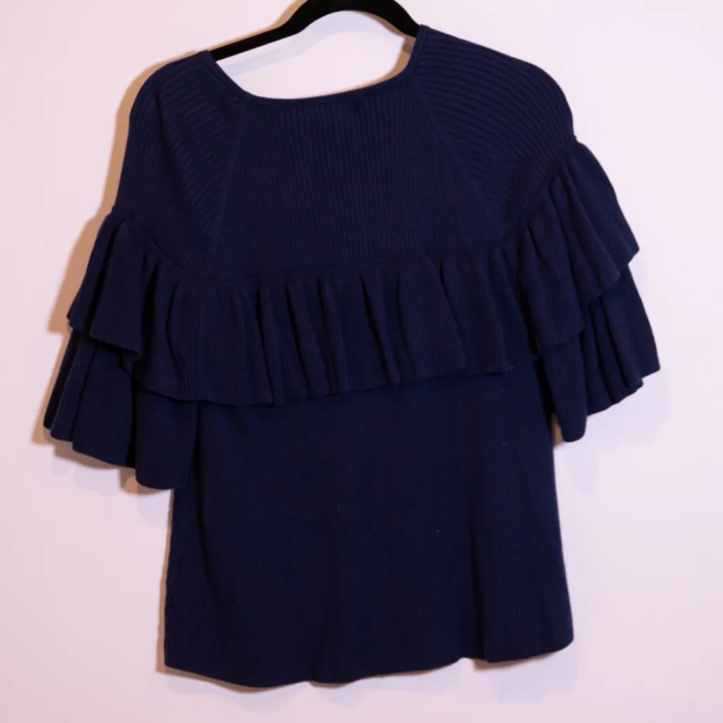 Vineyard Vines Ribbed Ruffle Cotton Silk Knit Pullover Deep Bay Blue Sweater S - Image 4