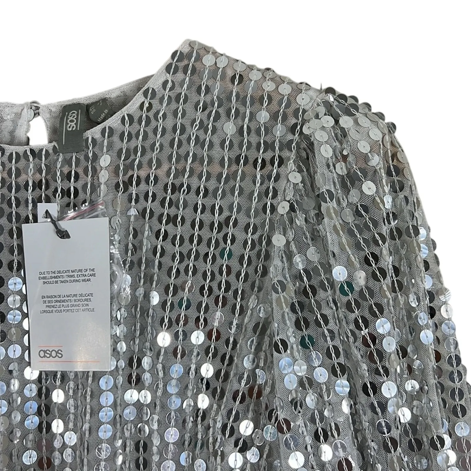 NWT ASOS Crop Top Womens 2 Silver Sequin Puff Sleeve Mesh Disco Futuristic - Image 3