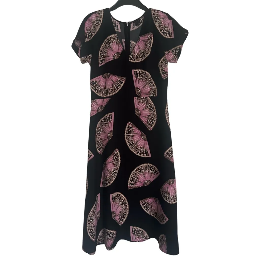 Ann Taylor "Dancing Fan" V-Neck Midi Dress in Black with Pink/White Fan Print - Image 4