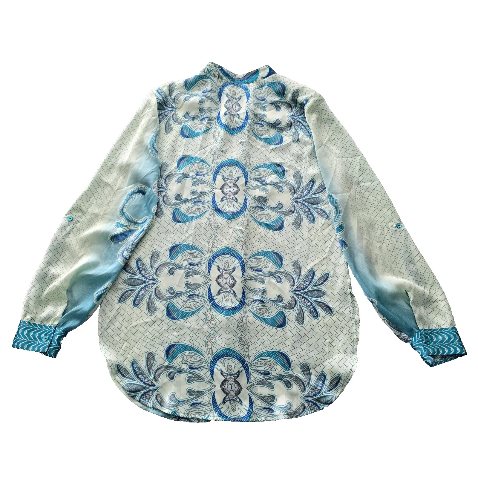 Floral Blue Whimsy Tunic Feminine Botanical Silky Cottage Garden Blouse Top 8 - Image 2