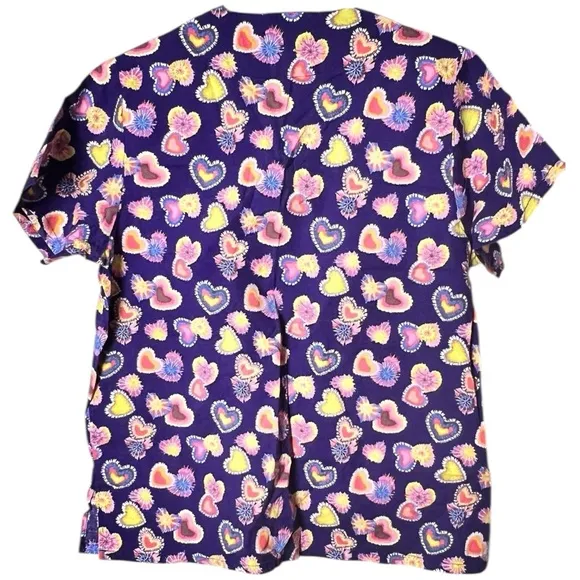 All Heart Colorful Tie Fye Print Heart and Flower Print Scrub Top Sz M Purple Size M - Image 2