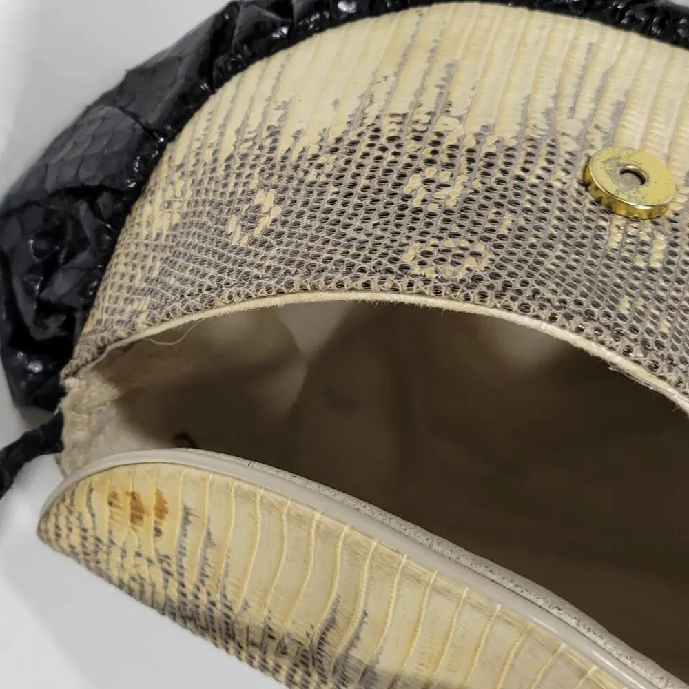 Vintage Snakeskin Clutch Purse Womens Cream Black Snap Closure Crossbody Strap - Image 6
