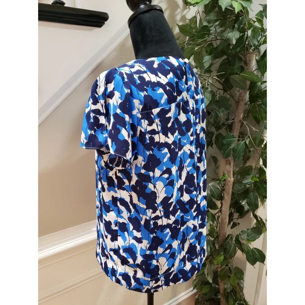 J.CREW Women's Blue & Black Floral Lined Crew Neck Short Sleeve Top Blouse Small - Image 6