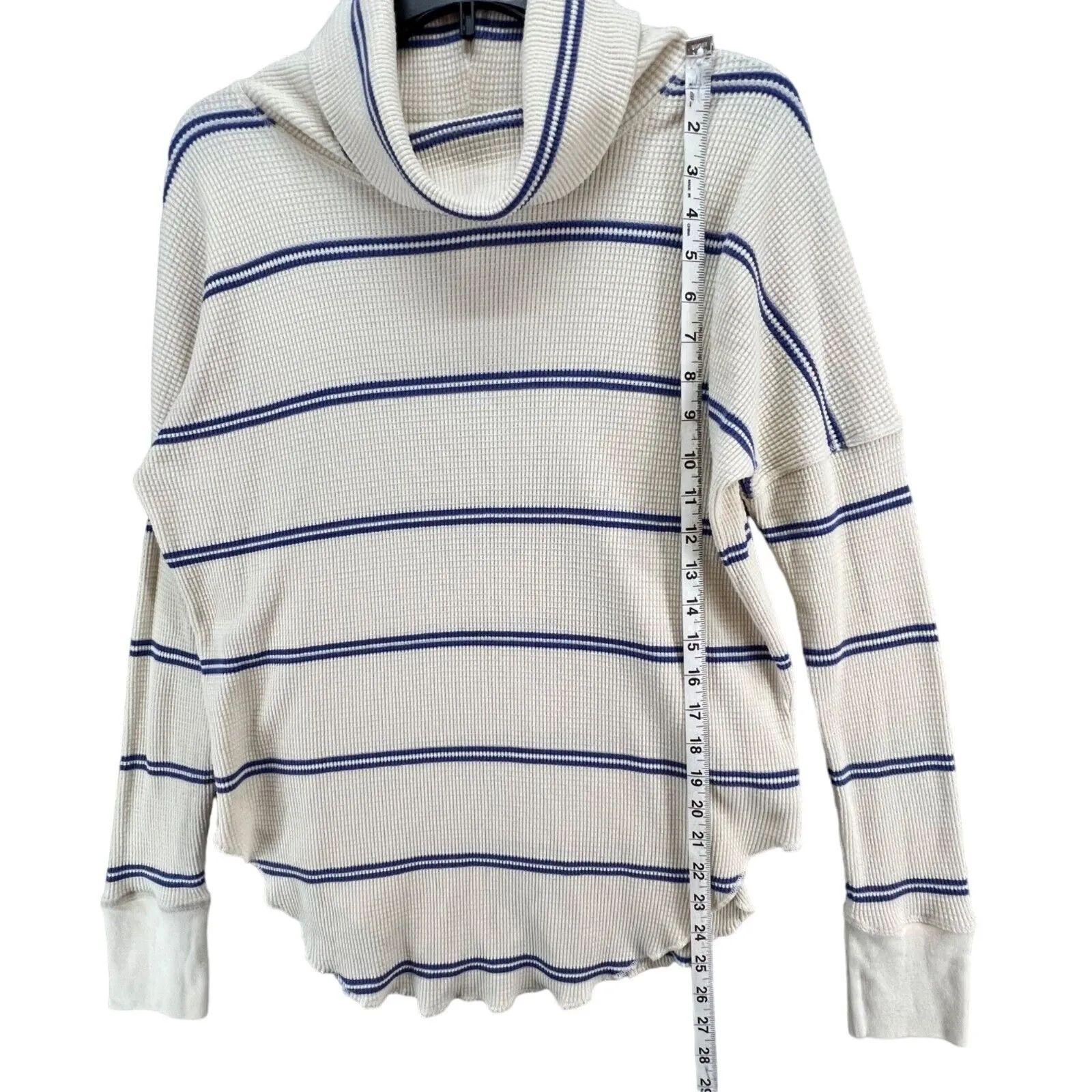 Aritzia Babaton Thermal Sweater Women S Cream Blue Striped Waffle Knit Cowl Neck - Image 9