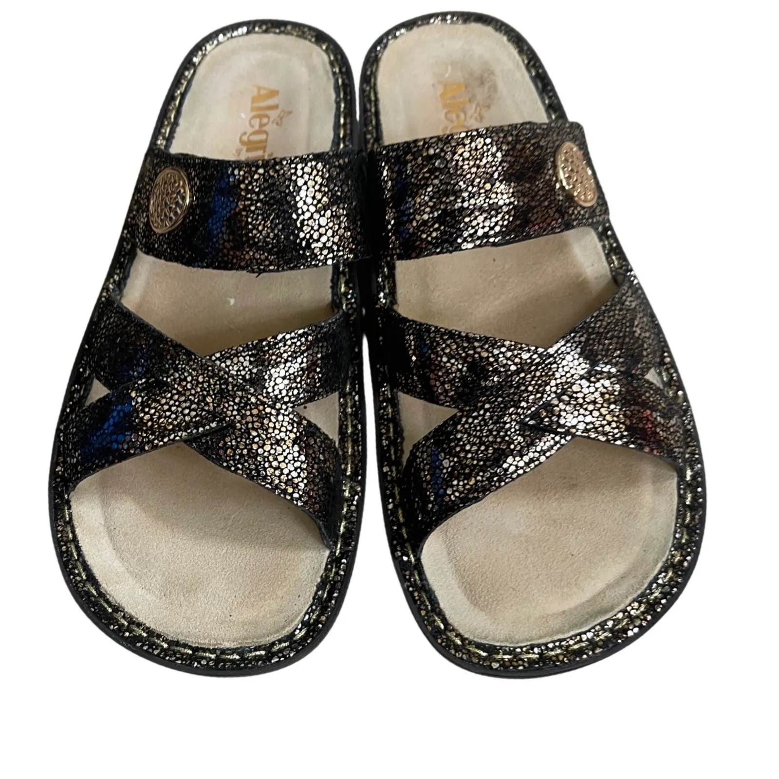 Alegria victoriah Women Embellished Slip On Sandals Black Gold Sparkle Sz 39/9 - Image 2
