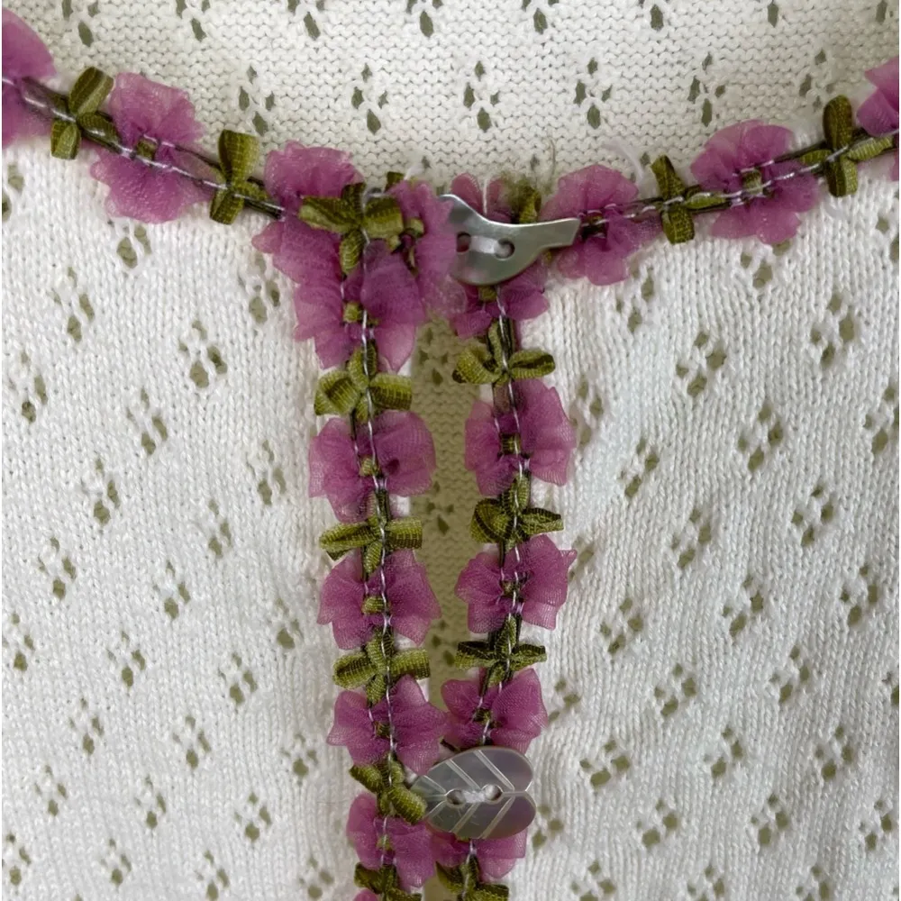 NorthStyle Womens Flower Embellished Cardigan Pointelle Knit Size XL Cottagecore Pink - Image 4