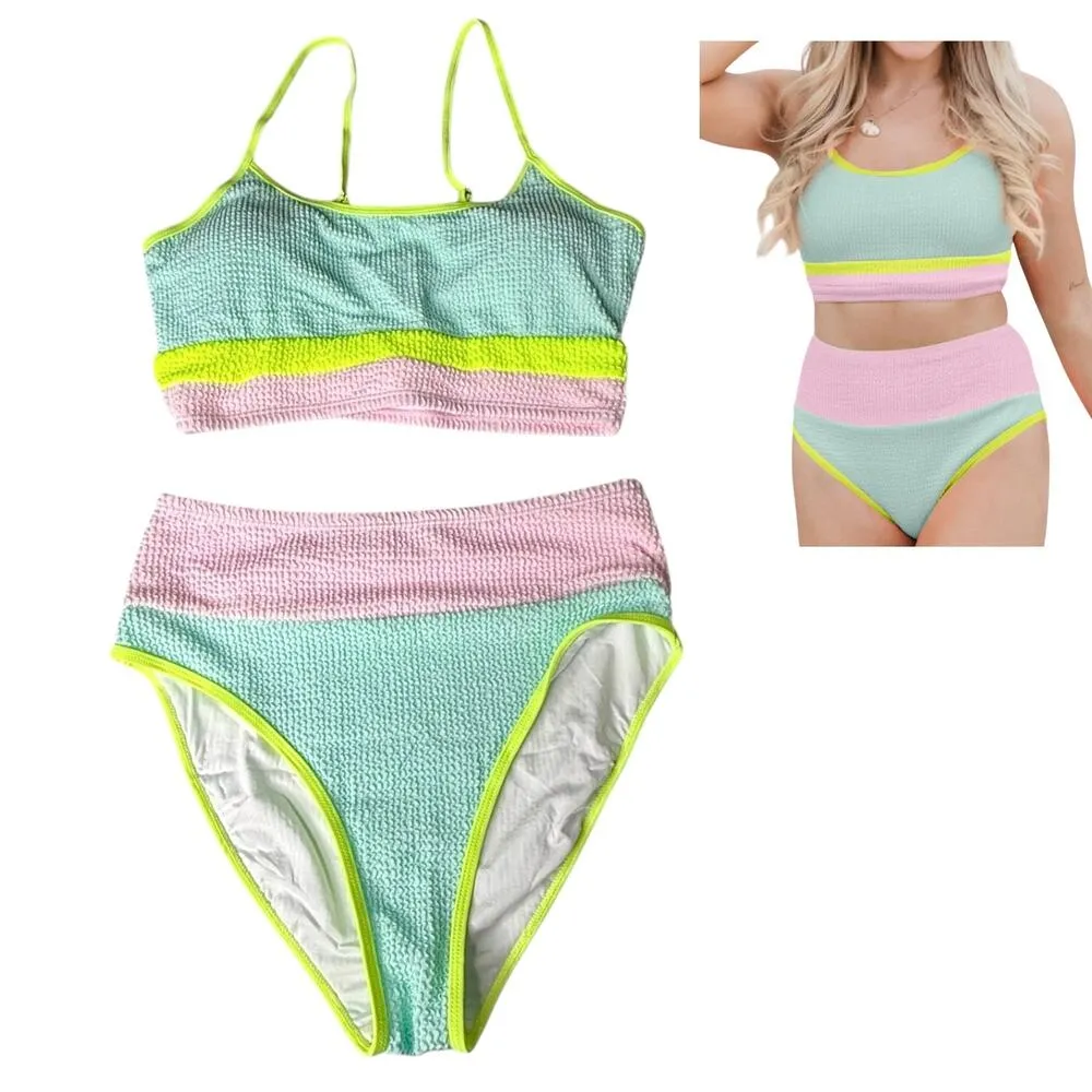NEW Color Block Scoop Neck Two Piece SWIMSUIT Women's MED Bikini Pink Teal Beach - Image 6