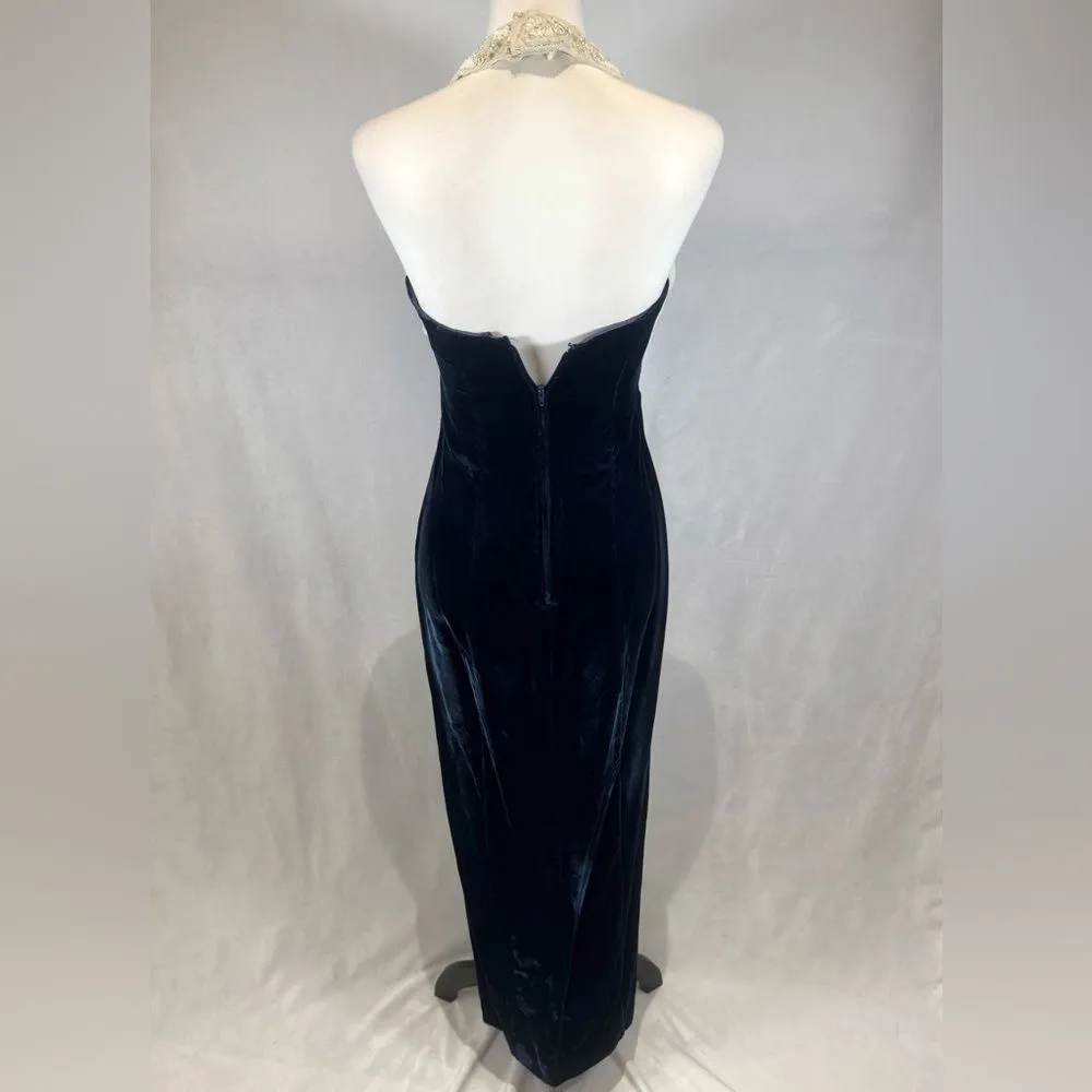 Vintage Bari-Jay 90s beaded white chiffon & dark blue velvet formal dress size 6 - Image 4