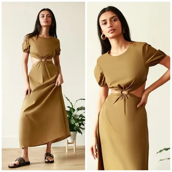 STAUD Women's Calypso With Cut Out Short Puff Sleeve Waist Cutouts Dress Size XL - Image 3