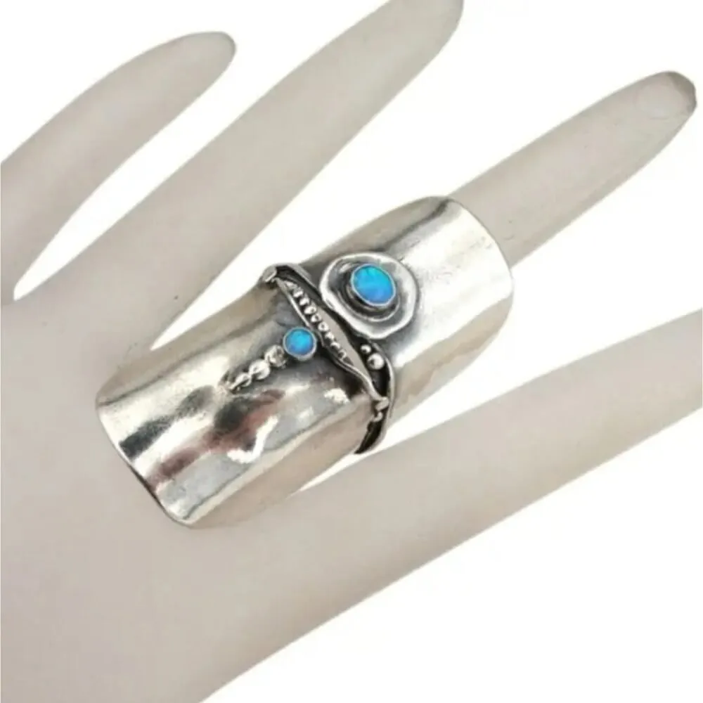 Silver Statement Ring for Women Retro Boho Design with Gemstone Adjustable Blue Size 6 - Image 8