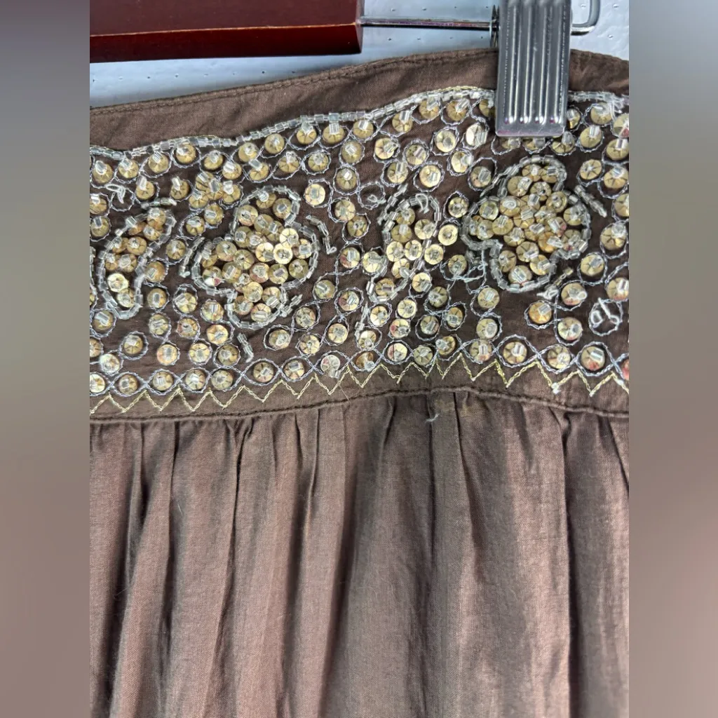 BCBGMaxAzria S Cotton Tiered Brown Embellished Beaded Waist Midi Skirt - Image 5