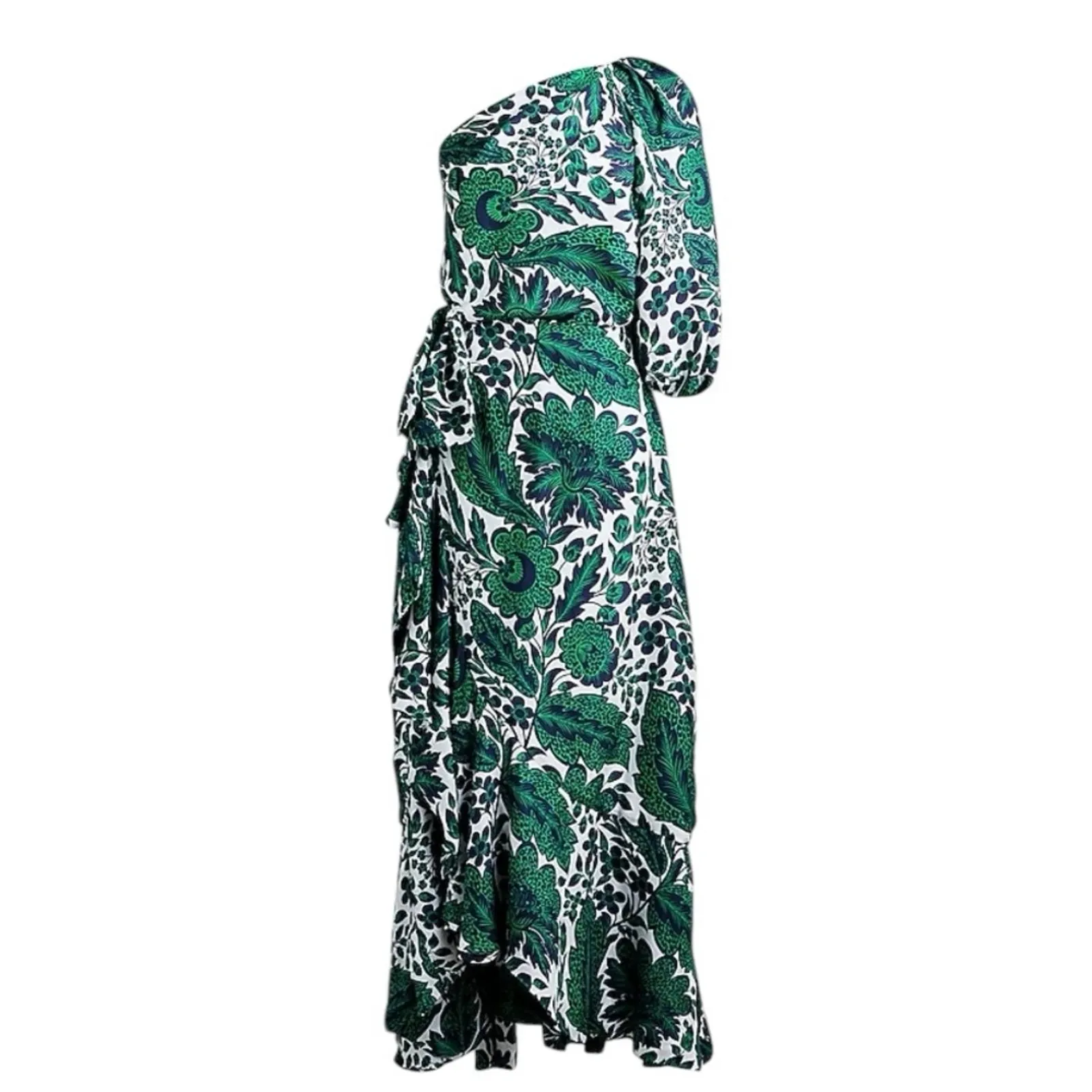 J. Crew Collection One Shoulder Ruffle Hem Dress size 8 Emerald Green Floral - Image 4
