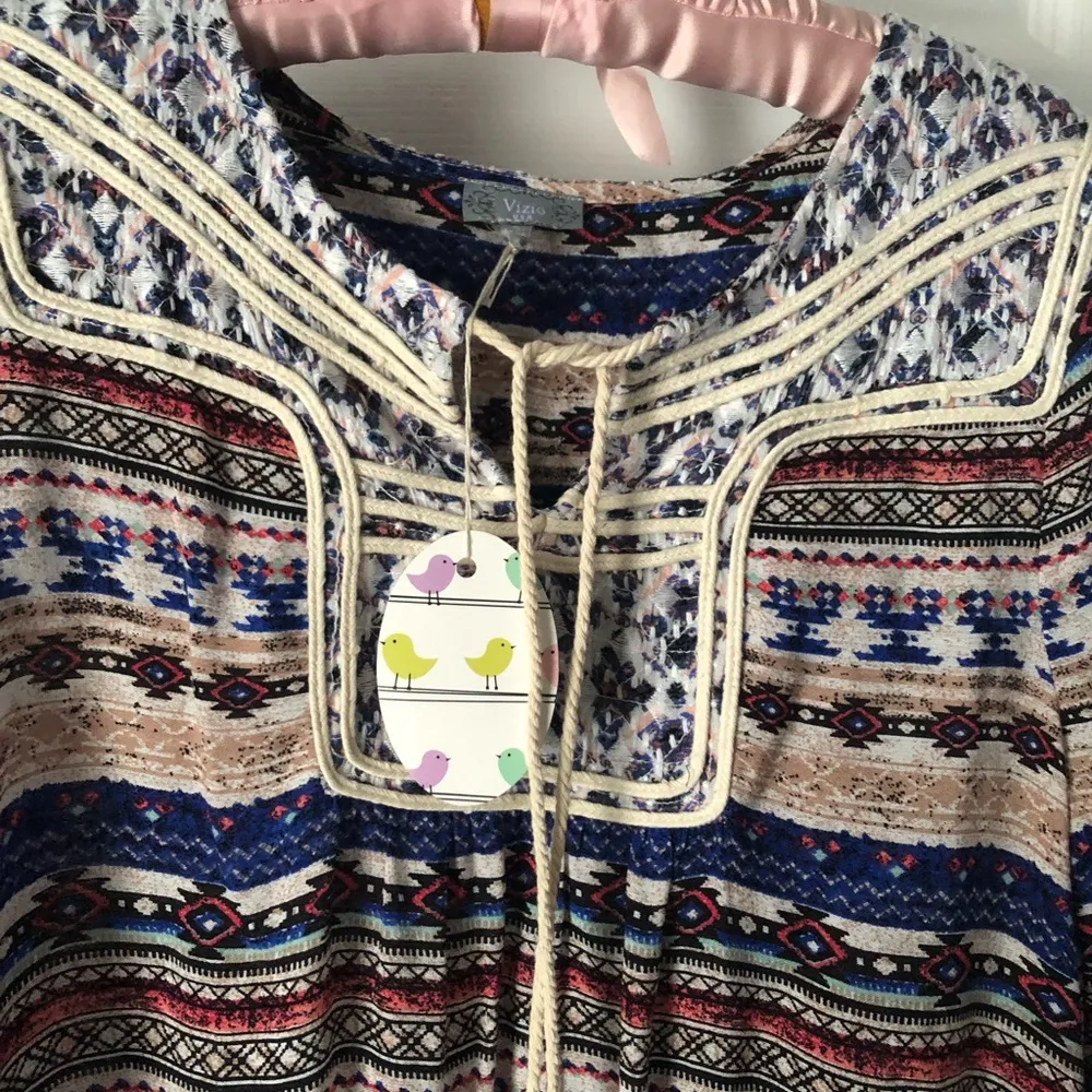 New Vizio Aztec Ties front Shabby Chic Boho Patterned Tunic Dress mini sz Small - Image 6
