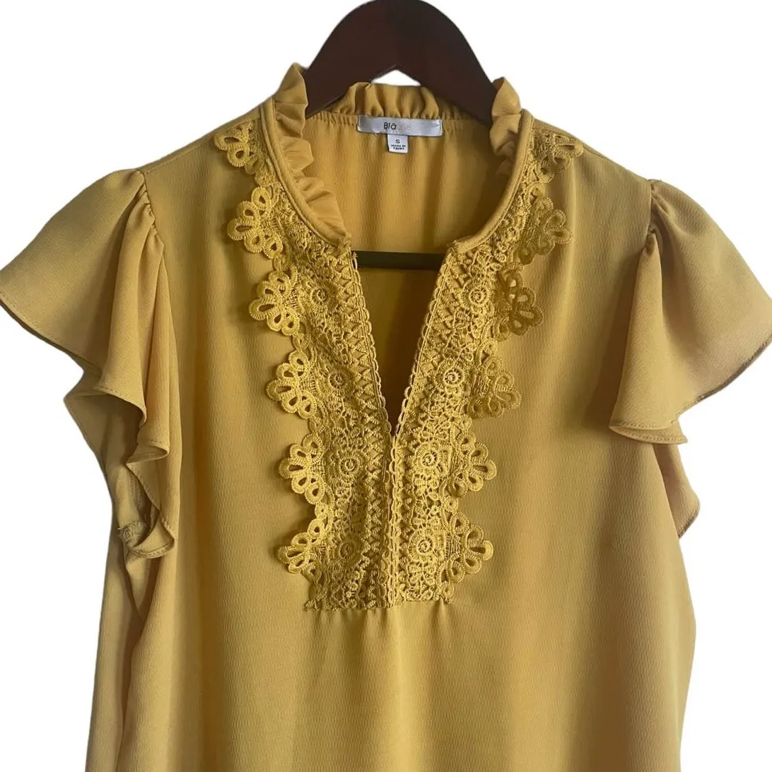 Blashe Women Top S Yellow‎ Short Flutter Sleeve Ruffle Eyelet Collar Cottagecore Yellow - Image 8