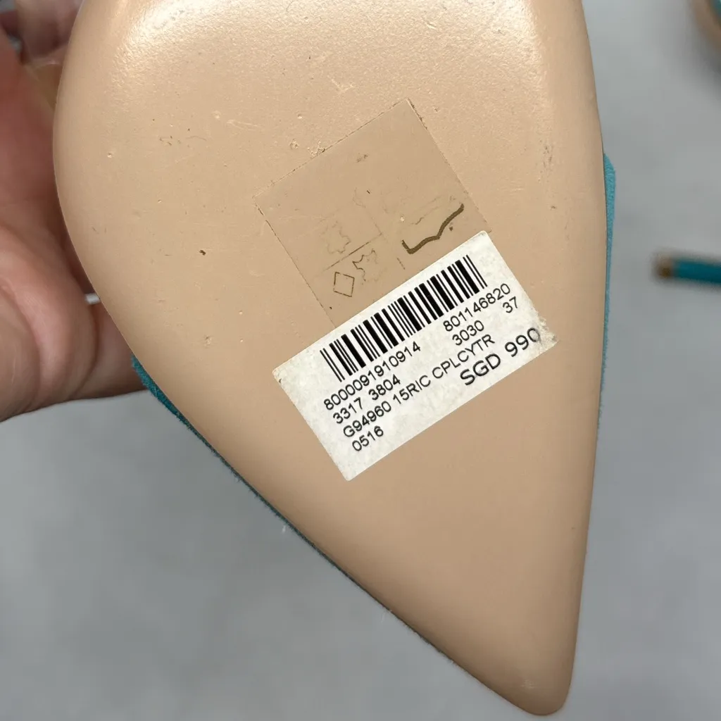 NEW Gianvito Rossi Suede Ankle Strap Clear PVC Pointed Toe Pumps Heels Teal 37 - Image 9