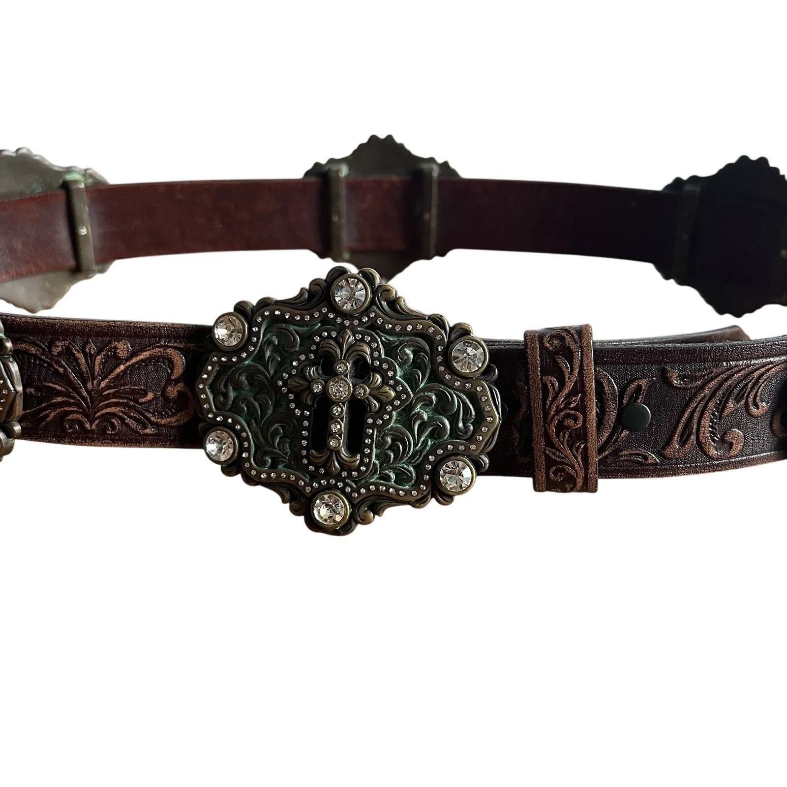 Tony Lama Brown Tooled Leather Swarovski‎ Crystals Concho Cross Western Belt 38 - Image 2