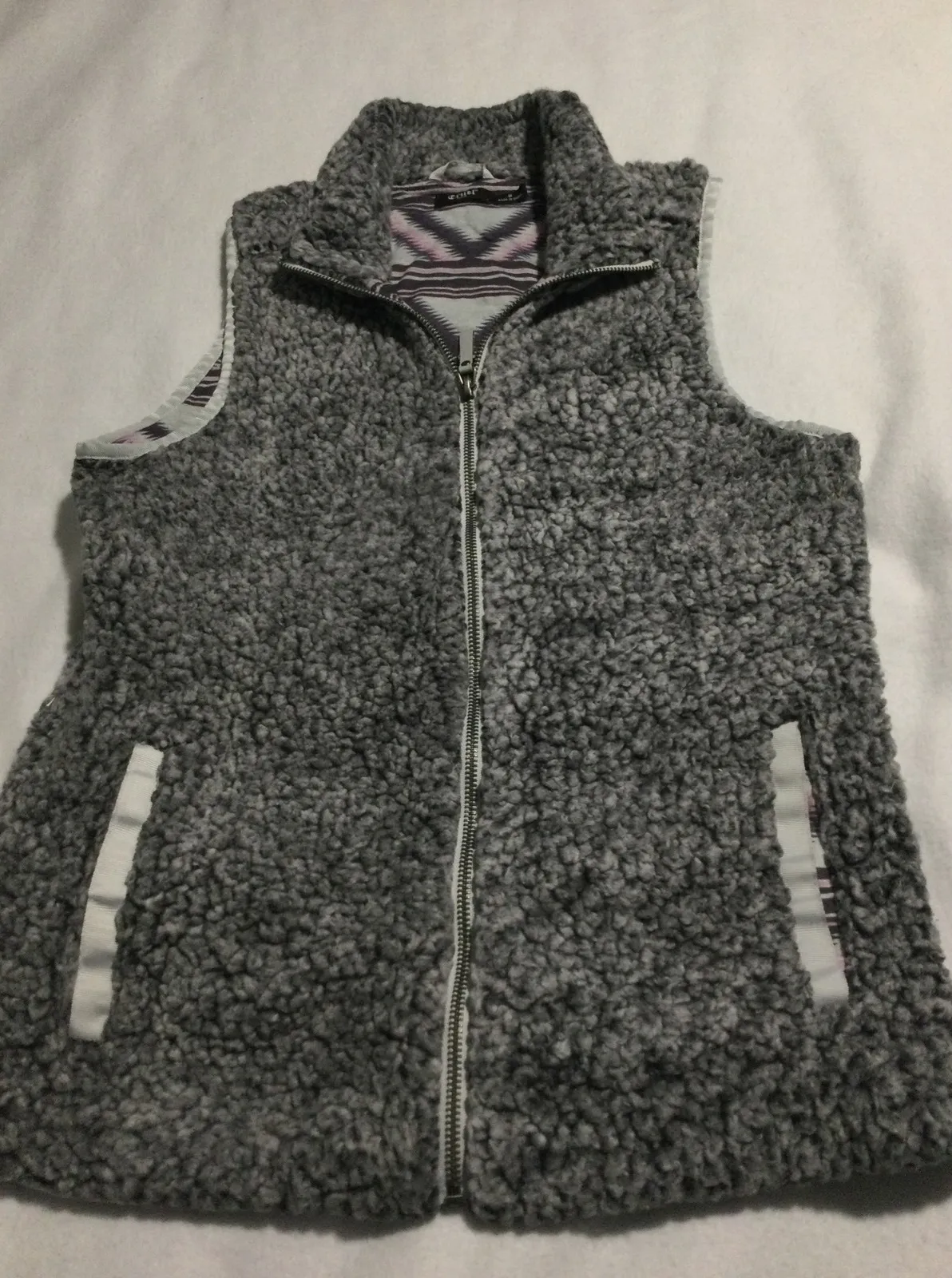 Cruel Girl Sherpa Vest Gray Aztec Print Lined Zip Front Women's Size Medium - Image 1