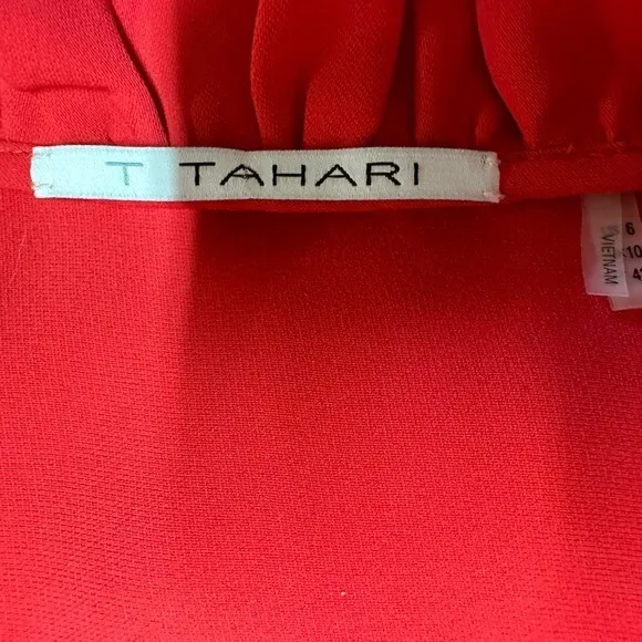 T Tahari Red & Coral Dress Belt Ruffled Collar V Neckline Size 6 - Image 14