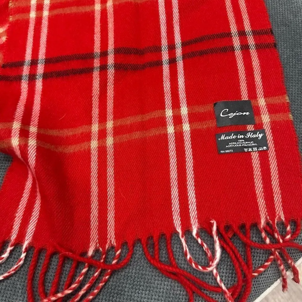 CEJON for Macy’s Red Classic Plaid Woven Scarf Soft Italian Acrylic Fringe Winte Red - Image 6