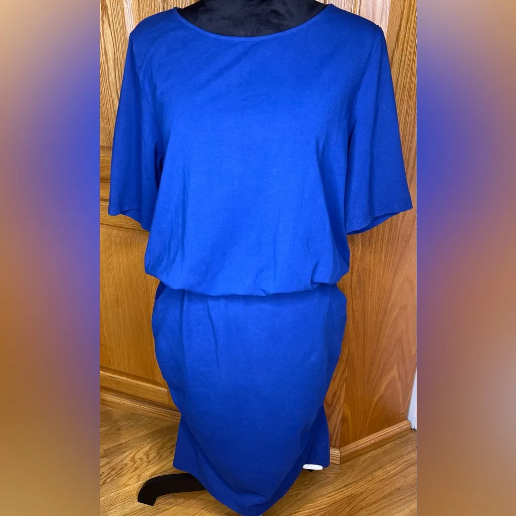 Michael Stars Boatneck Elbow Sleeve Stretch Ruched Dress in Mosaic Blue Size XL‎ - Image 7