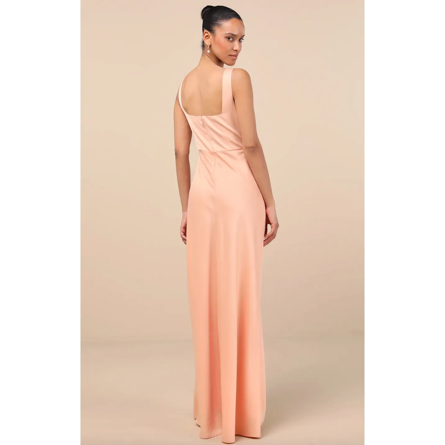 NEW Lulus Red Carpet Romance Peach Satin Square Neck Maxi Dress Formal Medium - Image 2
