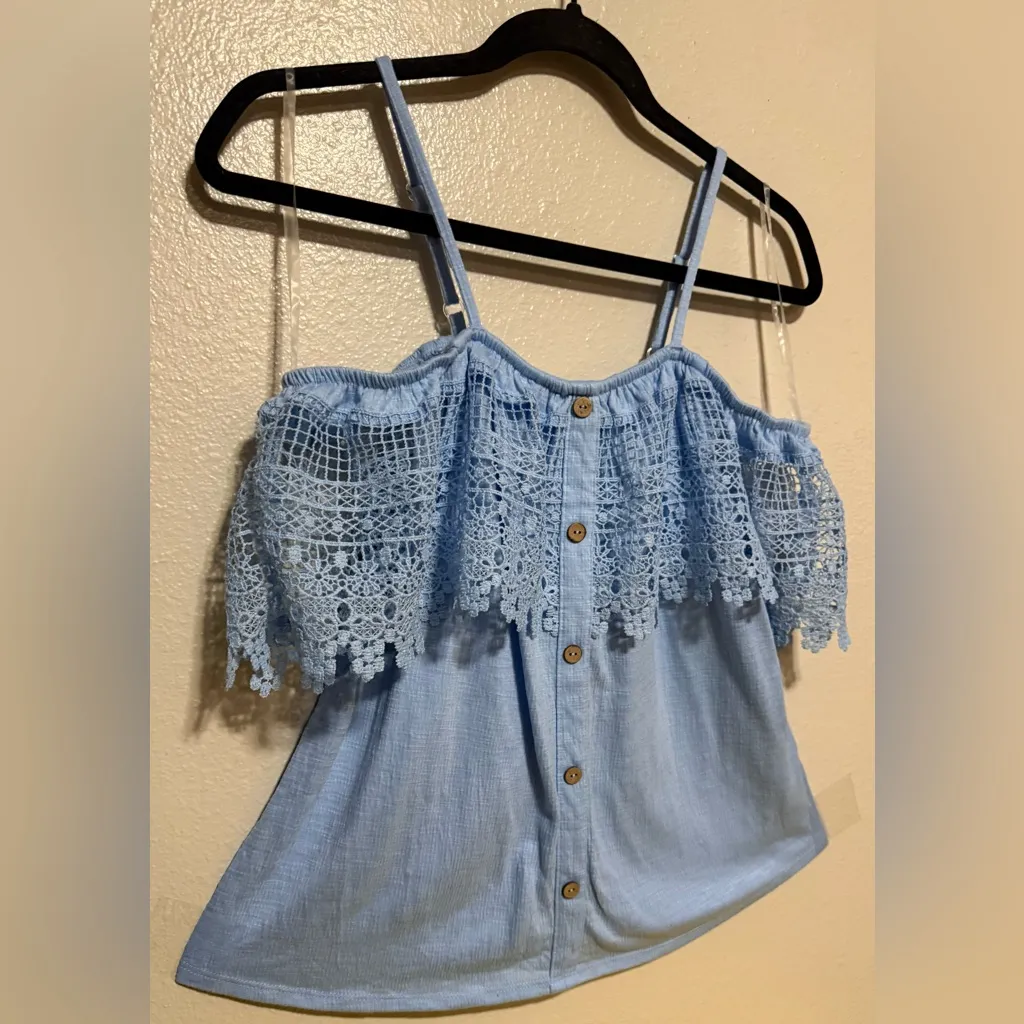No Boundaries Juniors Blue Lace Off-Shoulder Top | Shirt - Image 3