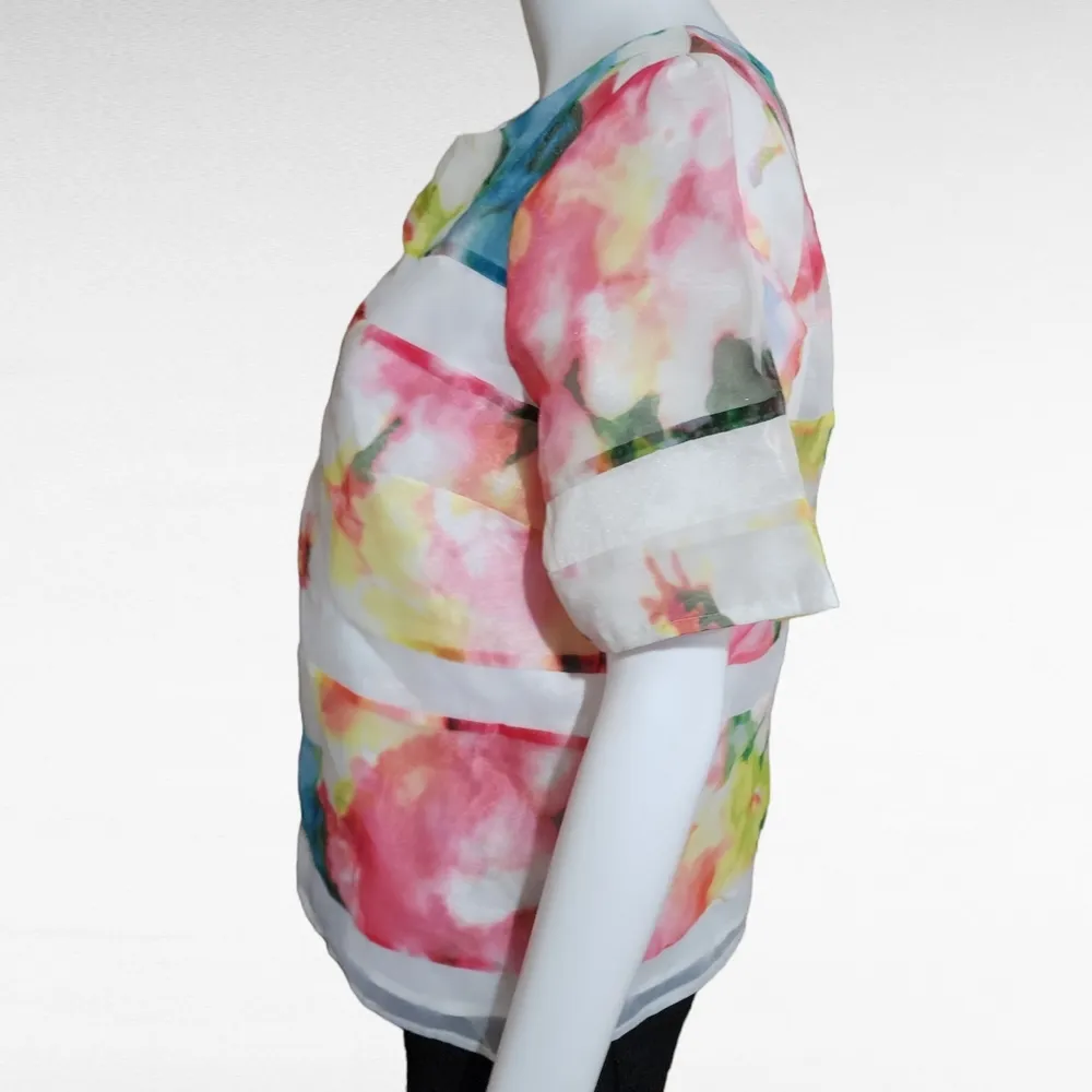 Worthington White Watercolor Floral Illusion Stripe Taffeta Blouse Size Medium - Image 4