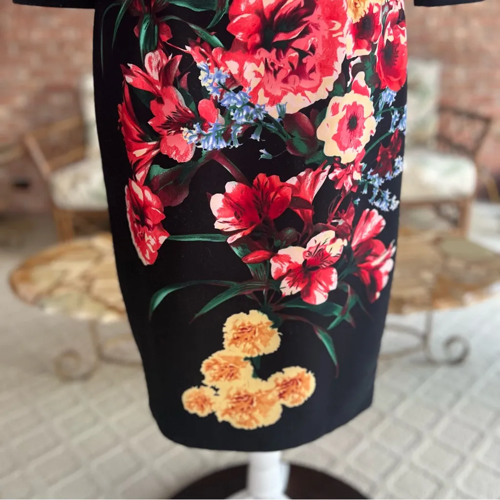 ECI Dress Black Floral Ponte Knit 6 Sheath Pencil Cocktail Garden Party Chic Mod - Image 11