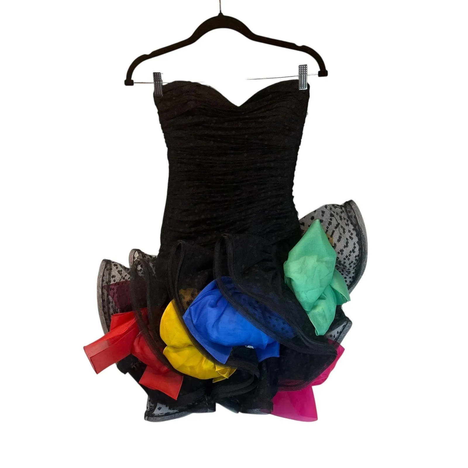 Vintage Black Tulle Layered Rainbow Bow Mini Dress Romantic Fairycore Unique XS - Image 2